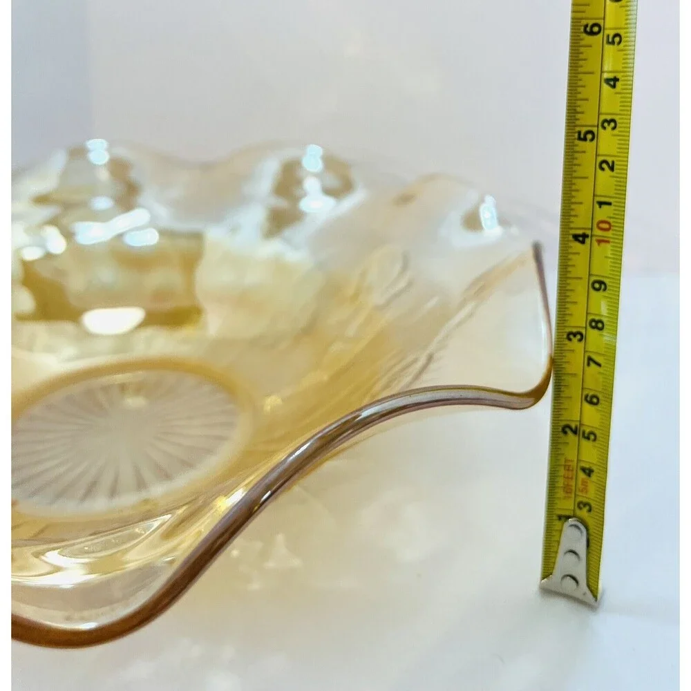 Jeannette Iris Herringbone Marigold Carnival Glass 11” Ruffled Fruit Bowl